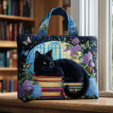Bolso acolchado hecho a mano – Gato negro sobre libros