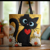 Bolso acolchado hecho a mano – Gato negro con margaritas