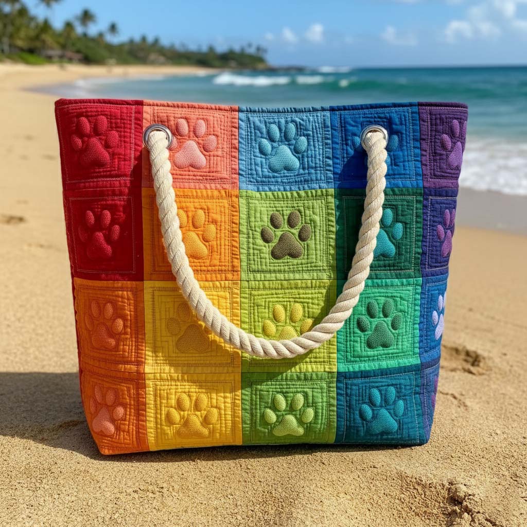 Bolso de Playa Acolchado – Huellas de Patas Coloridas